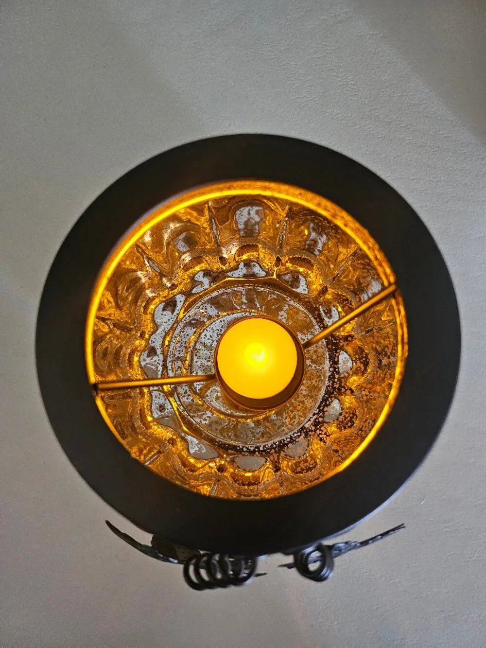 Mercury Glass Pumpkin Candle Holder With LED Votive Light And Bronze Leaf Accent